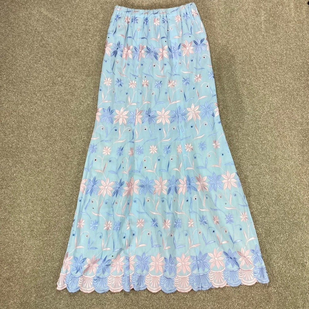 Floral Embroidered Maxi Skirt Women Sz M Blue Pink Fairycore Whimsical Romantic